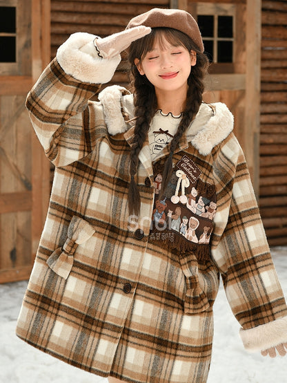Brown Cute Little Bears Applique Plaid Hooded Woolen Coat Long Version