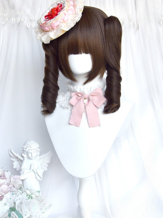 Full 22CM Clips With 30CM Brown Straight Bangs Short Ponytail Wig Double Curly + Roman Claw