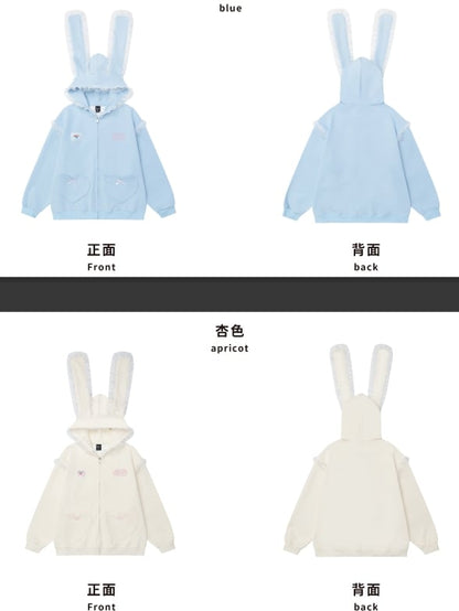 Light Blue/Apricot Bunny Ears Design Zip Hoodie with Lace Accents