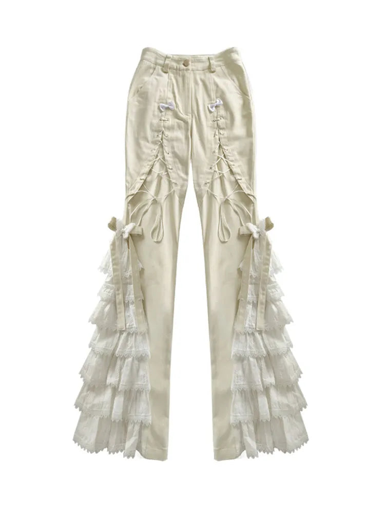 Pants Design Beige with and Tiered Flared Detail Butterflies Lace-up Bowknots