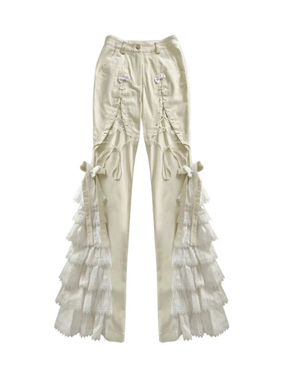 Pants Design Beige with and Tiered Flared Detail Butterflies Lace-up Bowknots