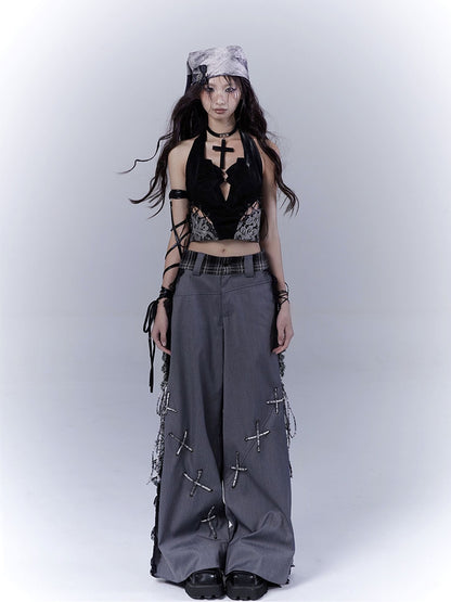 Dark Gray Lace Patches Details with Casual Pants Side Lace-up