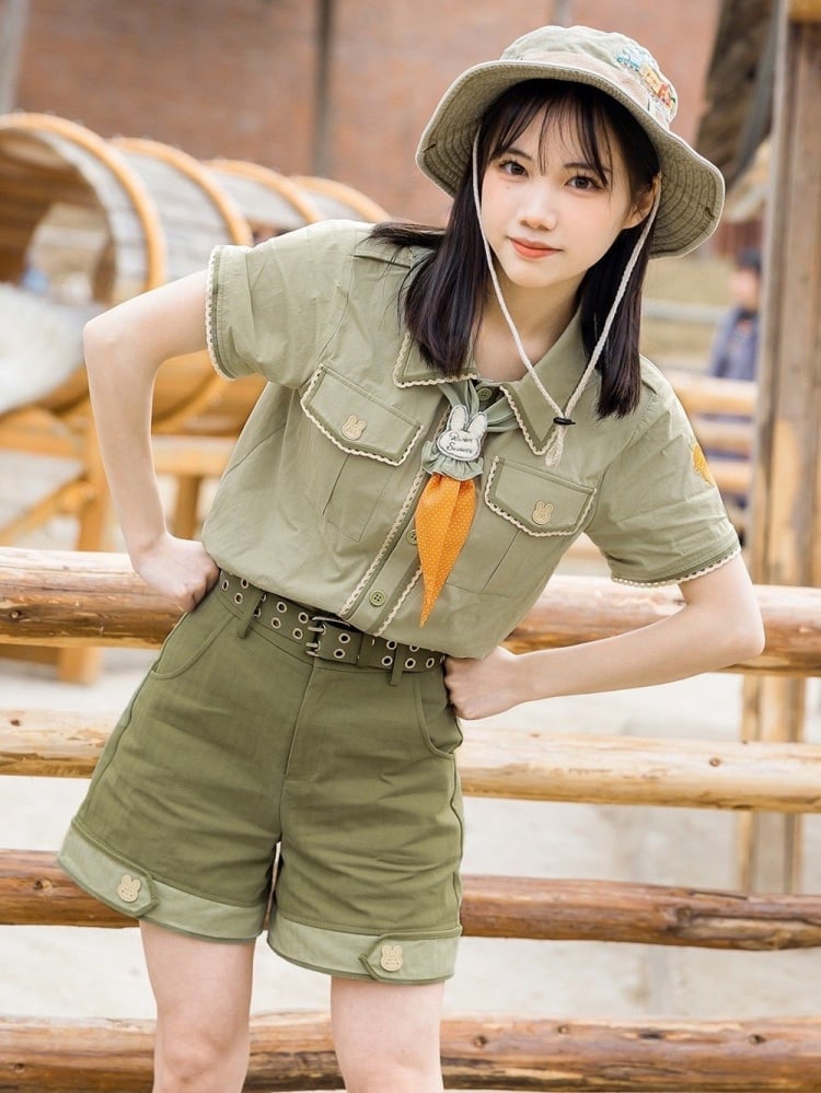 Cute Bunny Buttons Green Shirt Ouji Top