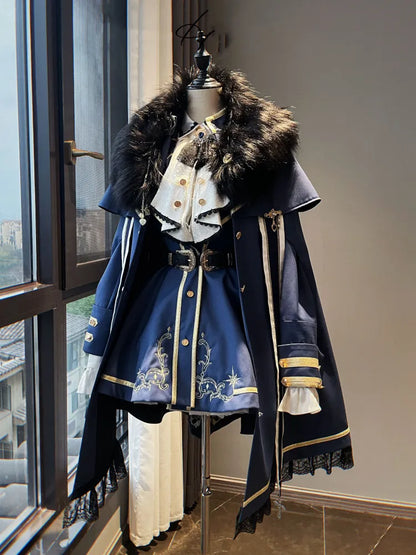 XXL Gold Coat Blue Skirt + Set Cape Shirt Jabot Trimming Clearance-Size Full Lolita Military and