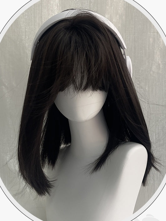 Black Tea Above Bust Length Straight Synthetic Wig With Full Bangs