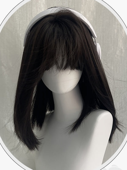 Black Tea Above Bust Length Straight Synthetic Wig With Full Bangs