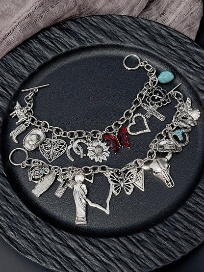 Armband Y2K Silber/Rot und Schmetterling Kreuz Herz Charm