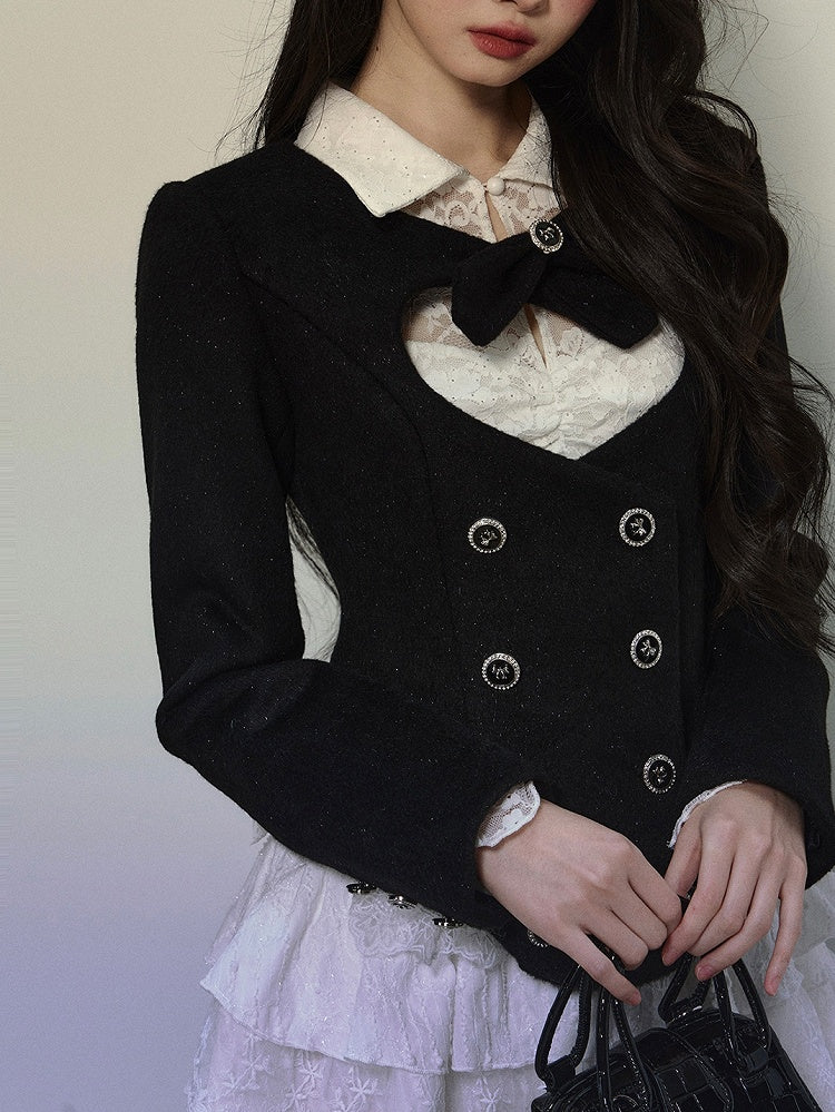 Black Heart-shaped Cutout Cropped Woolen Jacket