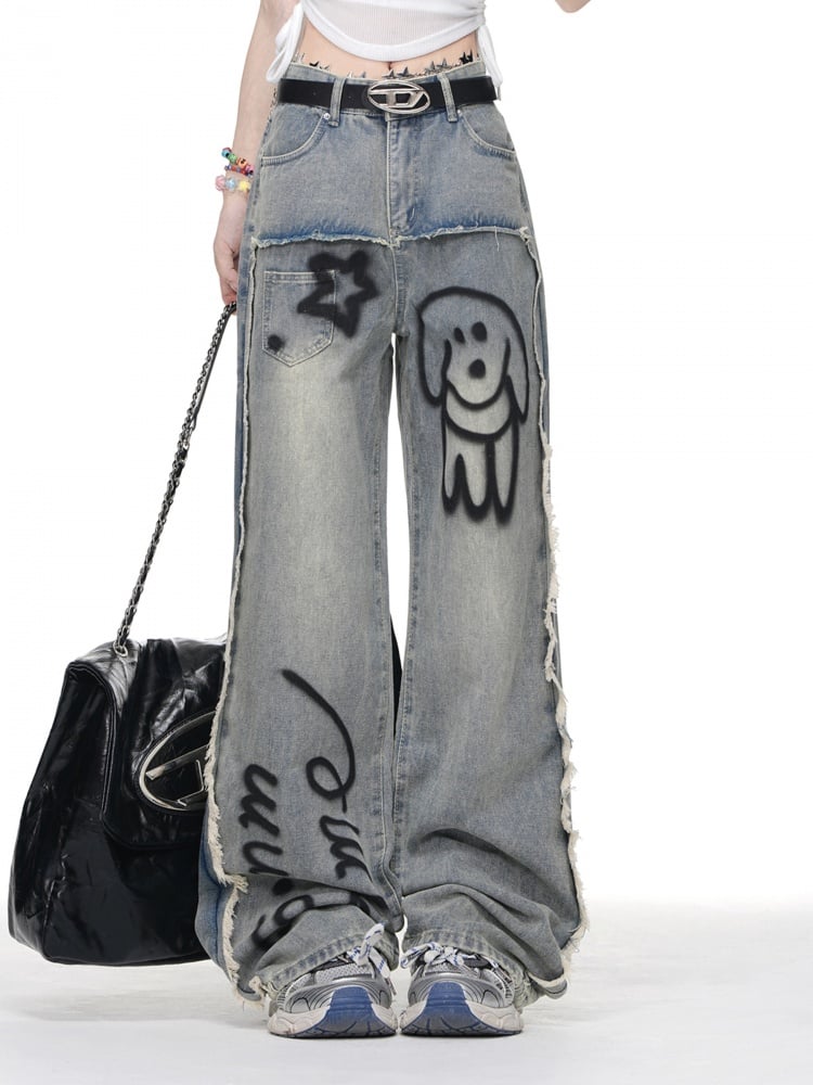 Blue Puppy Print Wide-leg Jeans