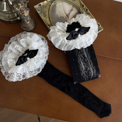 Leg Straps Stockings/Black Warmers/Leg Lace Underknee Black Ruffle Pattern White Loop Hollow-out Stockings/Self-tie Floral