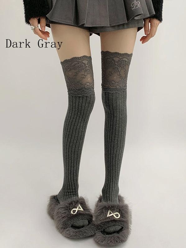 Lace Gray/Beige/Light Gray White/Black/Dark Knitted Over-knee Trim Stockings