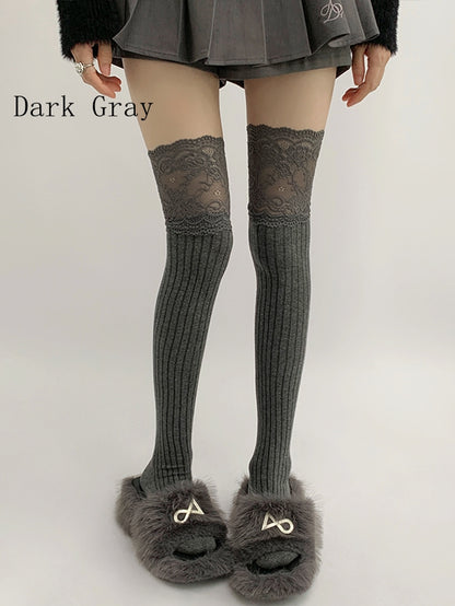 Lace Gray/Beige/Light Gray White/Black/Dark Knitted Over-knee Trim Stockings