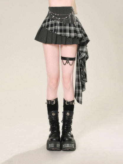 Asymmetrical Hem Glamorous Dark Gray Plaid Patchwork Design Pleated Skirt