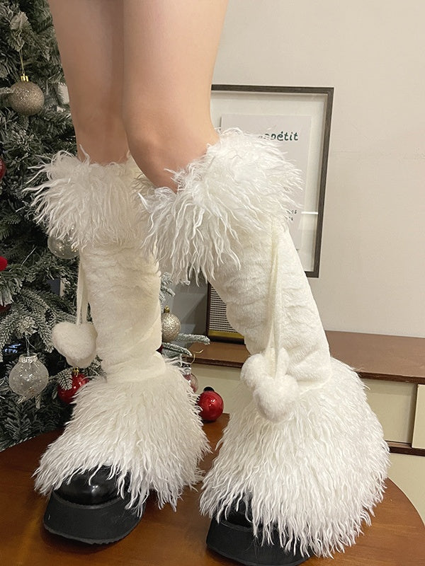 Jambières Lolita blanches à poils longs avec pompons en forme de cœur