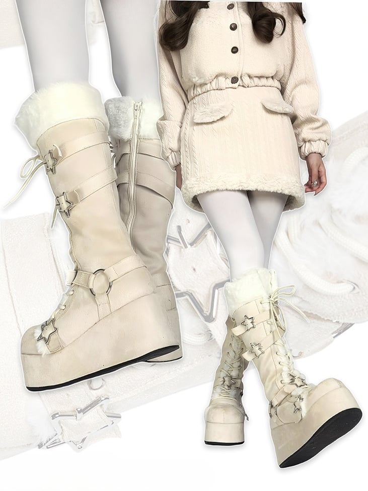 Y2K Creamy White Star Buckle Straps Plush Trim Platform Boots