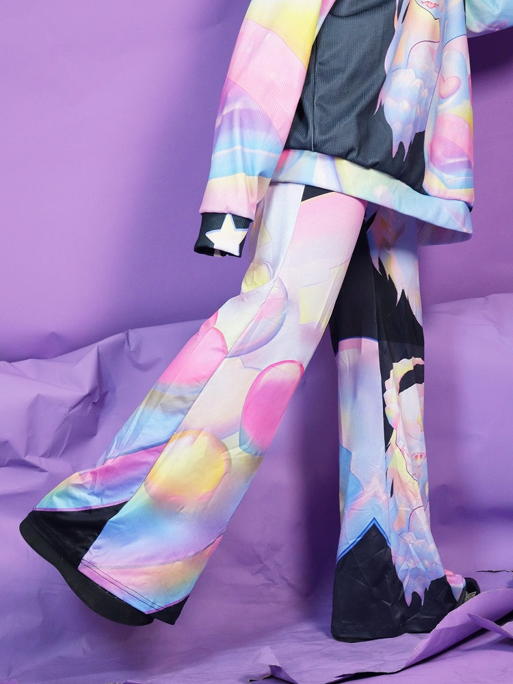 Fashion Colorful Gyaru Flared Cartoon Pattern Pants