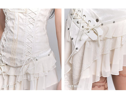 Asymmetrical Hem Tiered Skirt Strapless Top Lace Lace-up Beige Cross Applique /
