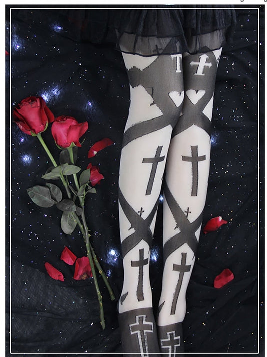 Cross Overknee Stockings Black/White Print Gothic