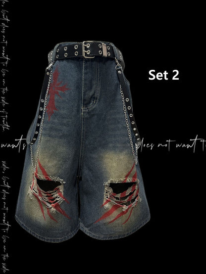 Print Blue Faded Holes Scratch Wash Distressed Wide-leg Denim Shorts