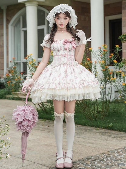Full Version Rosette Short Classic Square Set Lolita Elastic Neckline OP Print