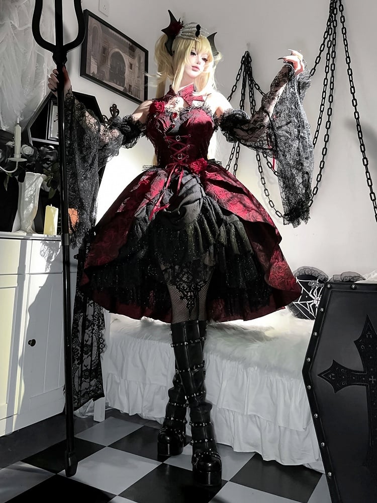 Black and Red Gothic Rosette Fabric High-low Skirt Dress Lolita JSK with Sleeves and Collar