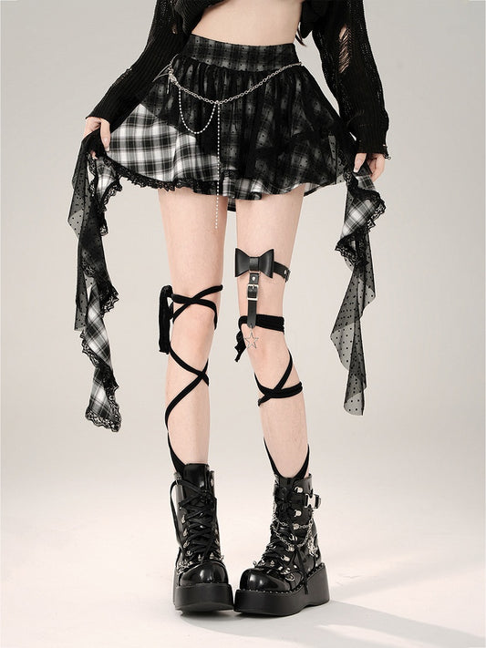 Skirt Hem Asymmetrical Mesh Patchwork Design Black Plaid Pattern Ruffled Polka-dot