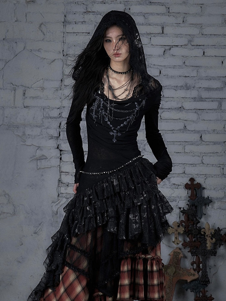 Asymmetric Tiered Lace Dress Cross with Hood Black Hem Print Punk