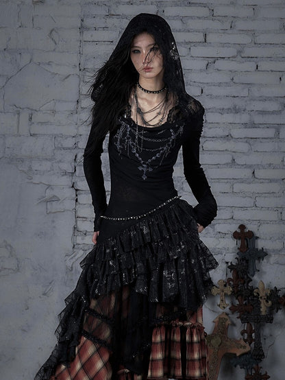 Asymmetric Tiered Lace Dress Cross with Hood Black Hem Print Punk