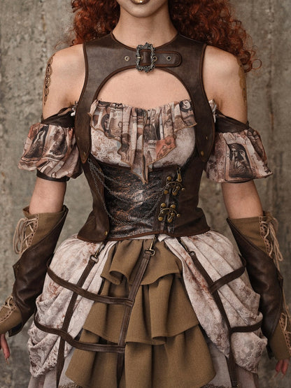 Brown Leather Vintage Steampunk Waistcoat Birdcage