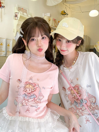Rosa/weißes T-Shirt mit Spitzenbesatz und süßem Rundhalsausschnitt