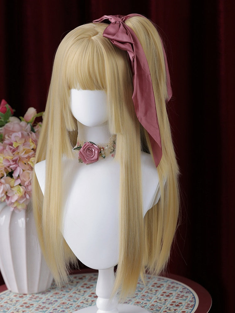 Blonde Hime Cut Long Straight Synthetic Wig with Double Claw Clips