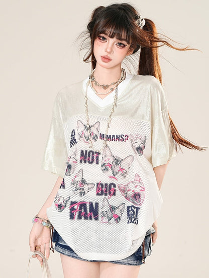 V-neck Cat Daily Kawaii Print T-shirt And Letter White