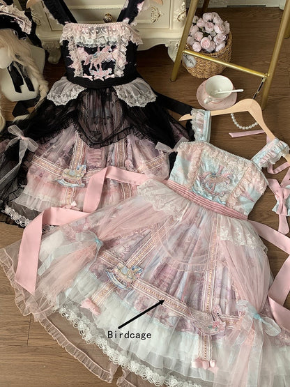 Pink and Blue Curtain Tulle Overlay Flying Horse Skirt Lolita Jumper Skirt