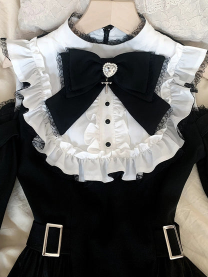 Dress Open Shoulder with Adjustable Heart Buckles and Handkerchief Hem and Jirai Kei Black White