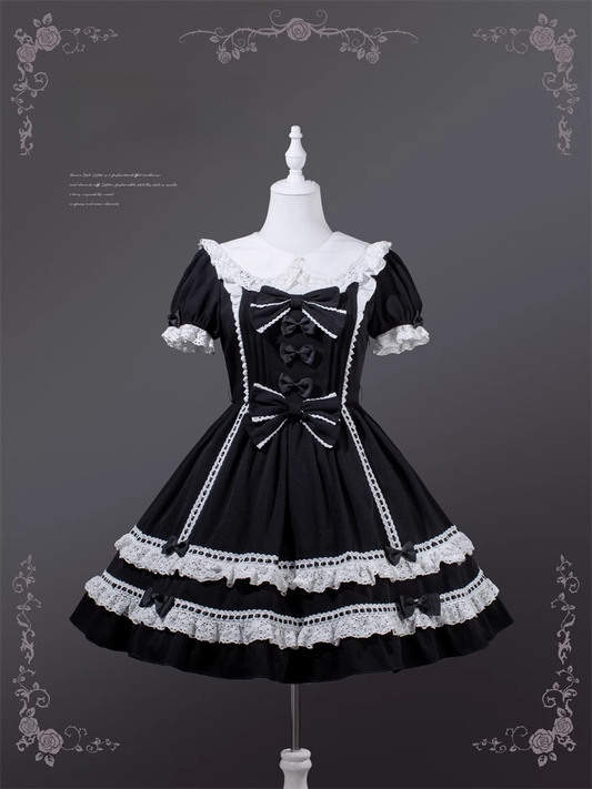 Lolita Dress One Old Black Peter Pan Collar Bowknot Accents School Piece