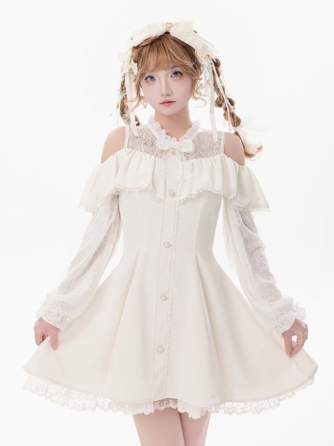 Beige Illusion Neckline Cutout Shoulder Jirai Kei Long Sleeves Dress with Bow Tie