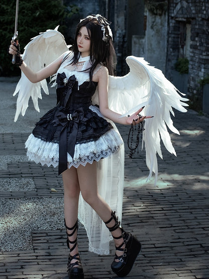 Bows White Dress Black Decorated Gothic Skirt Lolita Tiered and