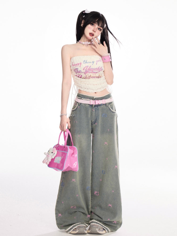 Apricot Drawstring Side Strapless Top Print Lace Cropped Letter