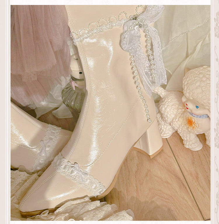 Beige Pointed Toe Laceand Beaded Chain Block Heel Knee-high Boots