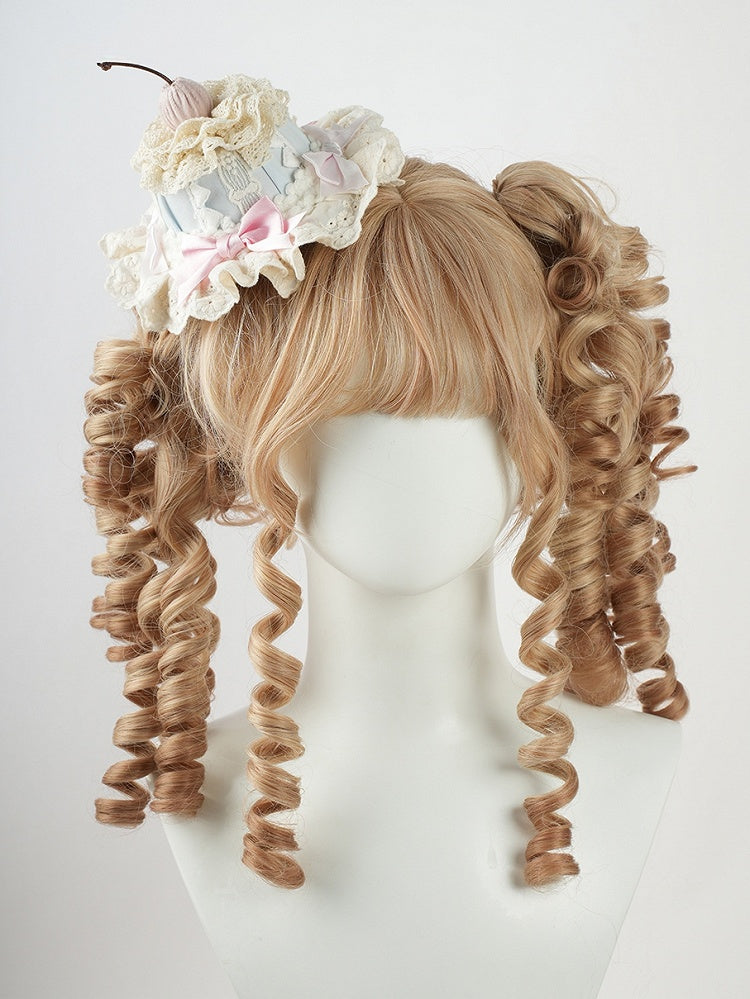 Sweet Lolita Blue and Pink Bow Cherry Cake Layered Lace Trim Hat