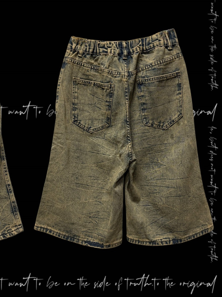 Punk Wasteland Cross Appliques Yellow Distressed Holes Denim Shorts Y2K