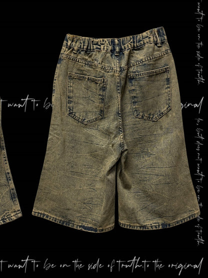 Punk Wasteland Cross Appliques Yellow Distressed Holes Denim Shorts Y2K