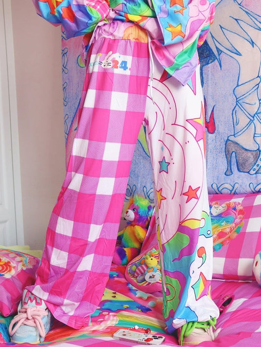 Y2K Print Star Bunte Hosen Muster Plaid Flare Silhouette