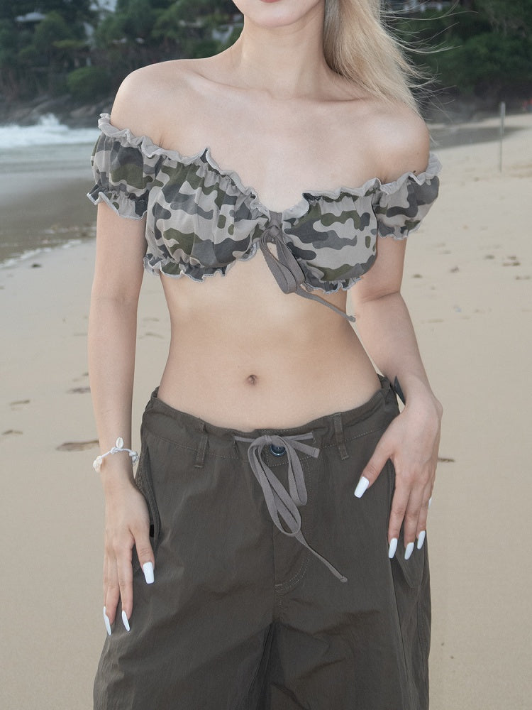 Light Camo Ruffled Trim Short Puff Sleeves Glamorous Cropped Strapless Top
