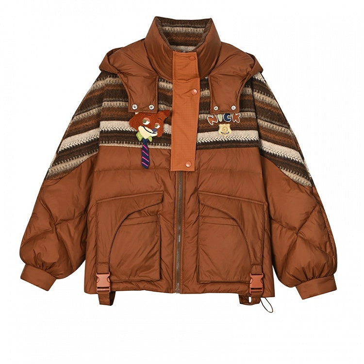 Patchwork Design Brown Hooded Down Jacket