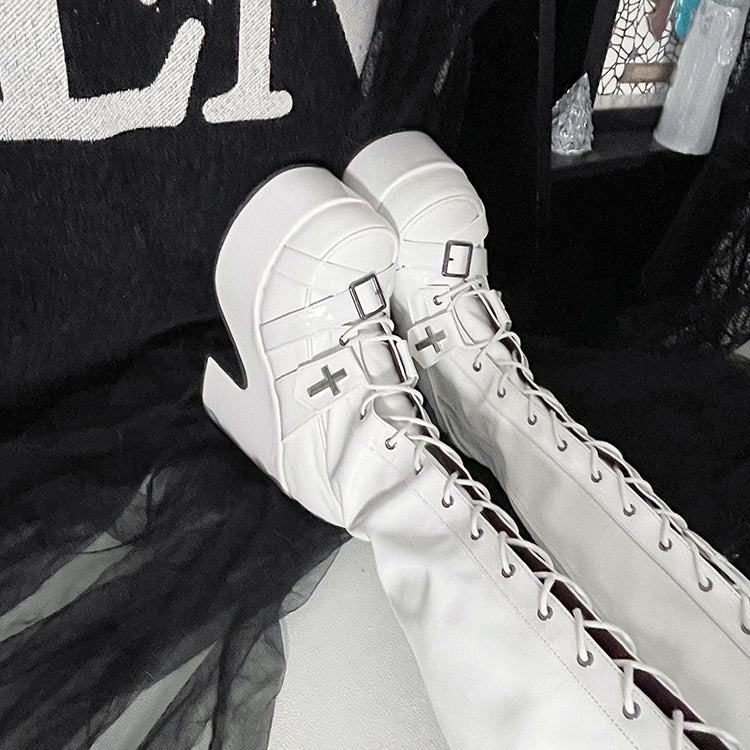 Matte White Front Lace-up Ties Buckle Straps Heel Platform Thigh-high Boots