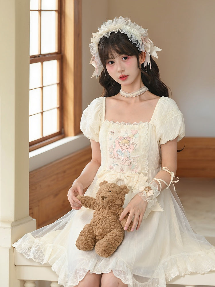 Sweet Fairy Tale Print Apricot Square Puff Short Casual Bow Big Lolita Dress Waist Neckline Sleeves and