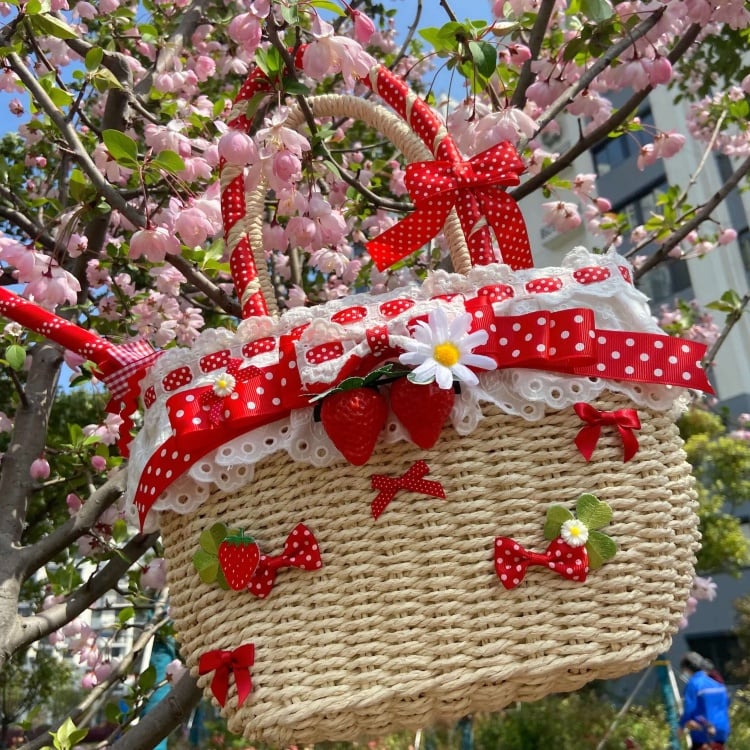 Crochet Bag Red Strawberry and Bowknot Decorative Tote Bag