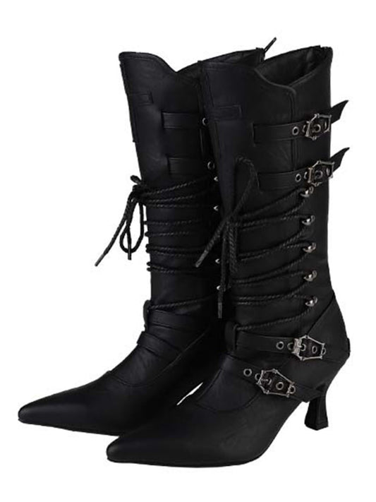 Gothic Black Lace-up Detail Pointed Toe Punk Boots