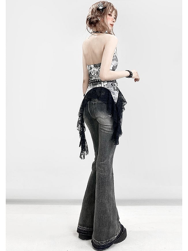 Bittersweet Gray Distressed Details Flare Jeans Holes Silhouette